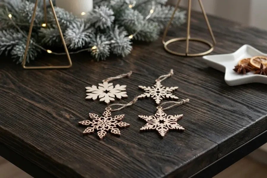 Gelaserte Weihnachtsanhänger aus Holz im Schneeflocken-Design 4er-Set mit Juteschnur