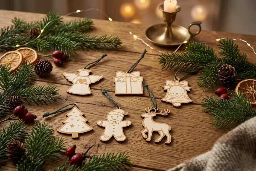 Weihnachtsbaumschmuck aus Holz im 6er Set als Geschenkanhänger mit Schnur