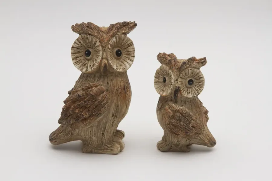 Preview: Dekorative Eulenfigur, Eulenpaar, Holzoptik braun.