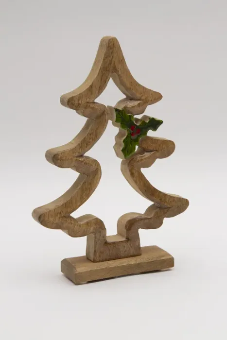 Preview: Deko Tannenbaum aus Holz 27cm hoch mit Stechpalme
