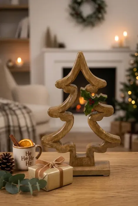 Deko Tannenbaum aus Holz 27cm mit Stechpalmenblatt und roten Beeren