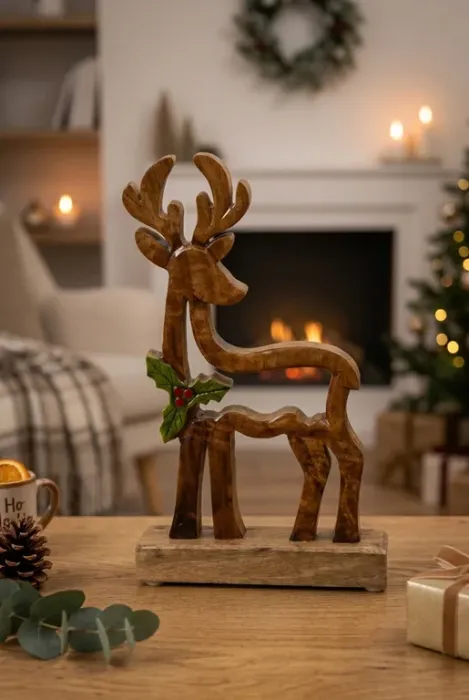 Deko-Hirsch aus Holz auf Sockel mit Stechpalmen-Motiv