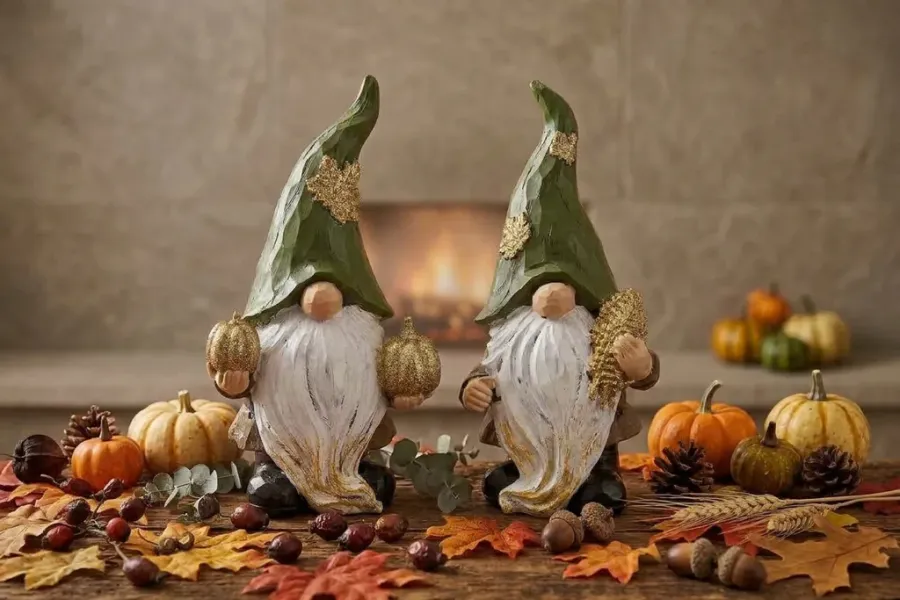 2er-Set Wichtelfiguren aus Polyresin mit Kürbissen und Blatt