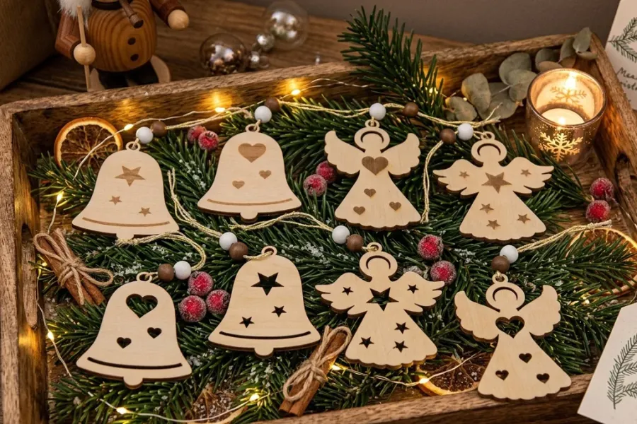Weihnachtliche Holzanhänger in Engel- und Glockenform für Tannenbaum oder Zweige