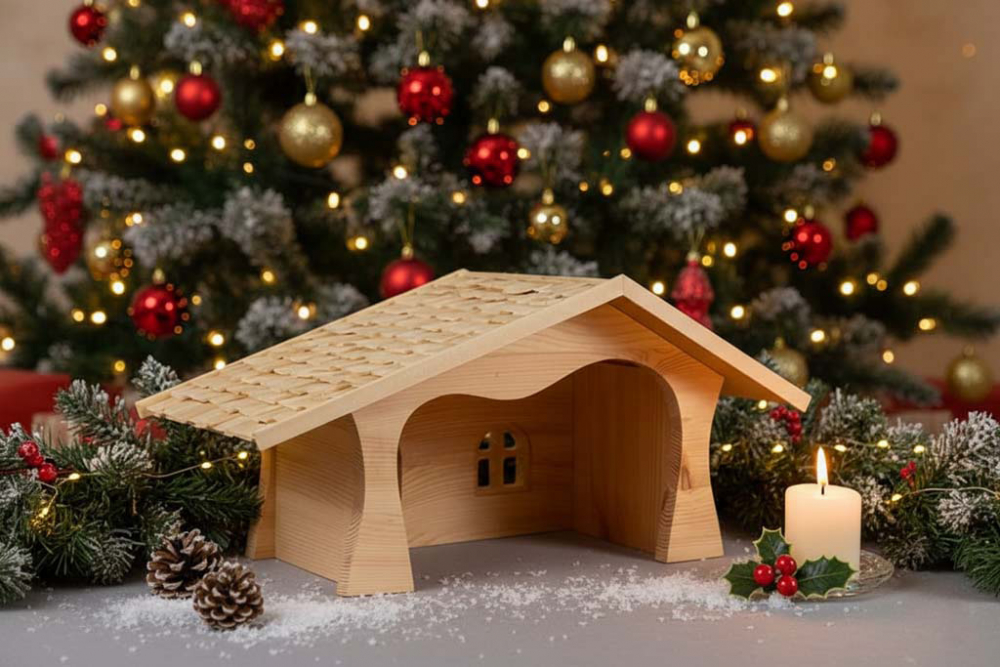 Holz Krippe Kiefer – rustikale Weihnachtskrippe als stilvolle Tischdekoration, direkt bestellen