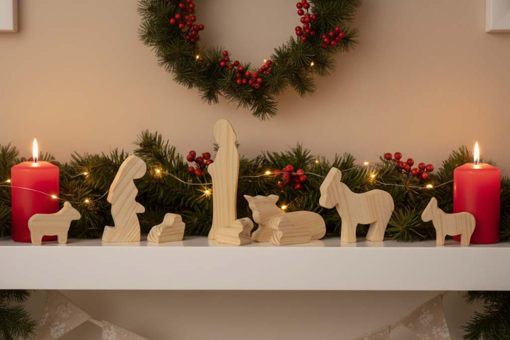 Moderne Holzkrippenfiguren aus Kiefer – Maria, Josef, Jesuskind, Esel, Ochse, Schafe – jetzt sichern