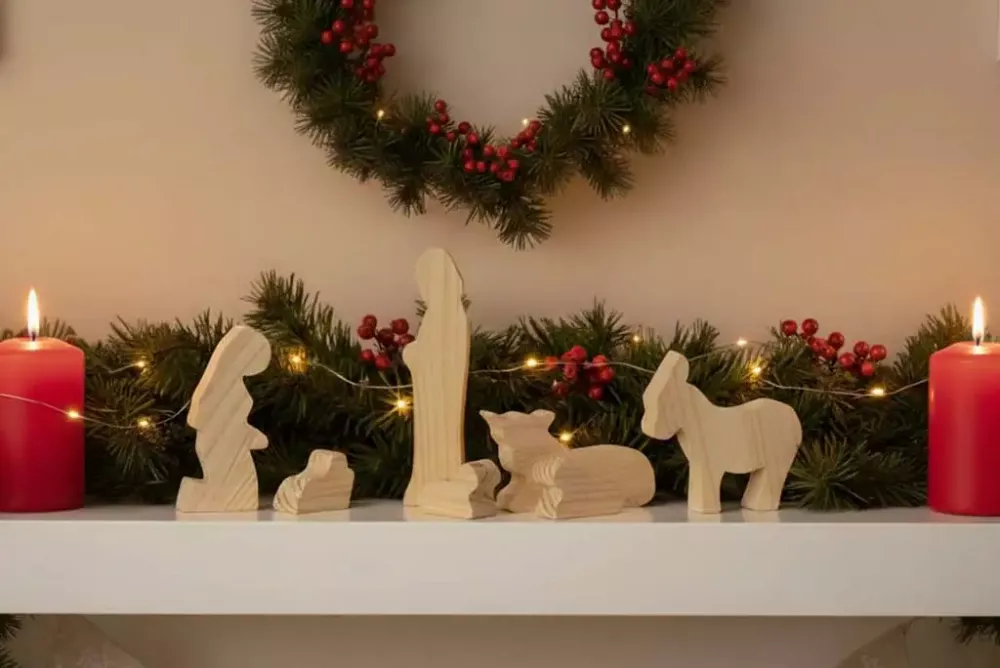 Moderne Holzkrippenfiguren aus Kiefer – Maria, Josef, Jesuskind, Esel, Ochse, Schafe – jetzt sichern
