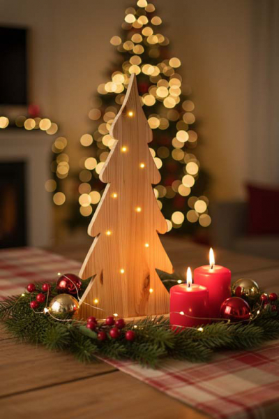 Detailansicht des 48 cm hohen Tannenbaums aus Kiefernholz mit integrierter LED-Beleuchtung – stimmungsvolle Weihnachtsdeko