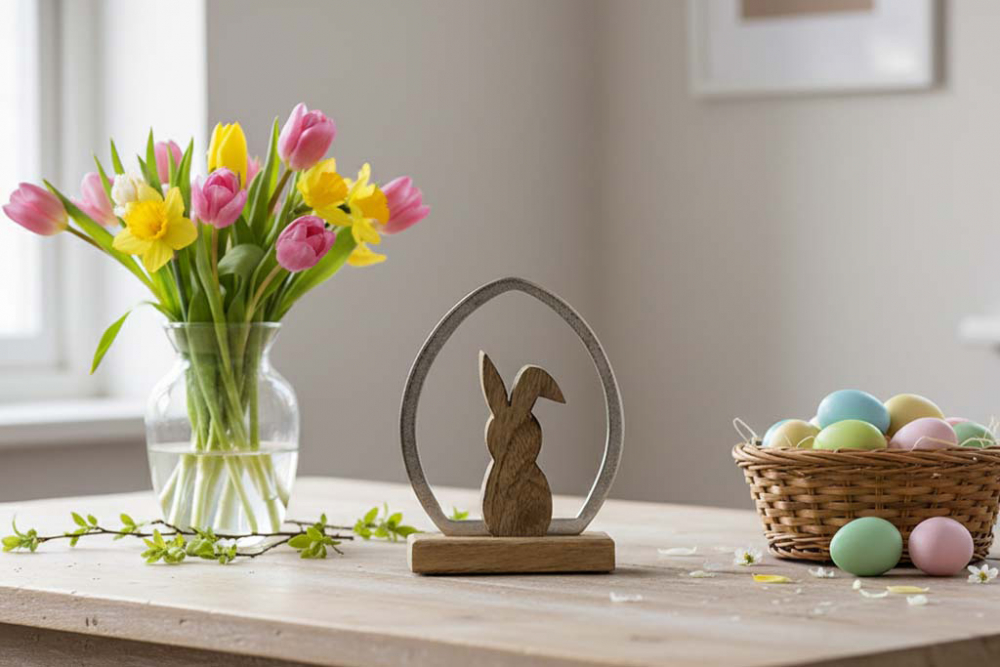 Hase aus Holz im Metall Ei