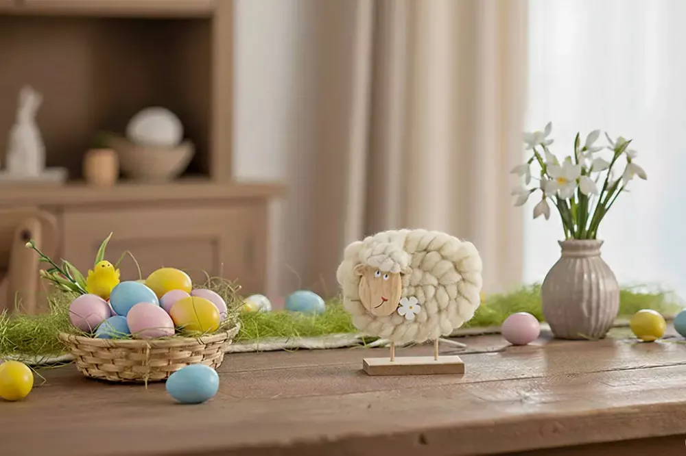 Schaf aus Holz und Wolle in weiss