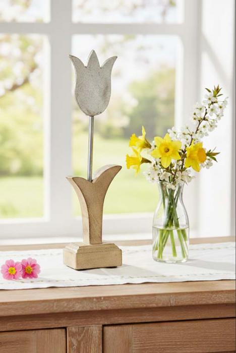 Metall‑Tulpe auf Holzsockel ca. 26 cm – stilvolle Frühlingsdeko für Zuhause. Jetzt bestellen!