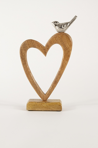 Aufsteller Herz aus Holz mit Vogel aus Metall