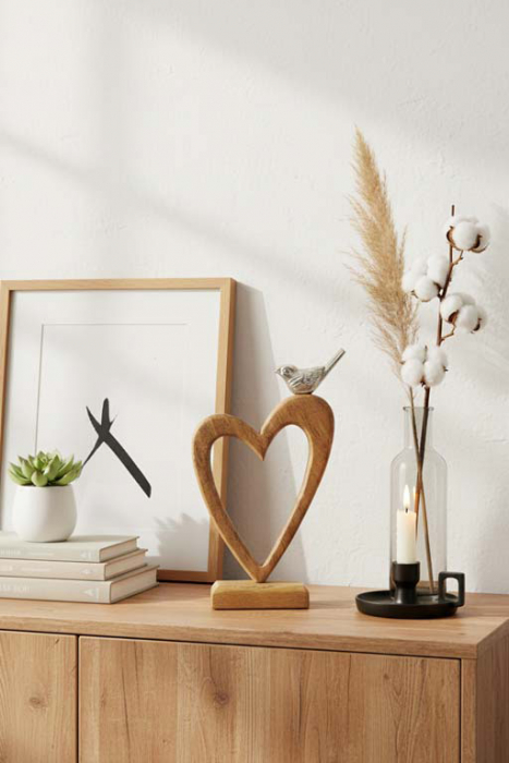 Dekorativer Herz Aufsteller Holz und Metall Vogel – perfekte Geschenkidee. Jetzt online kaufen!