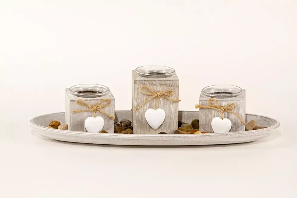Windlicht Tablett 3er Set aus Holz – stilvolle Wohnraumdekoration