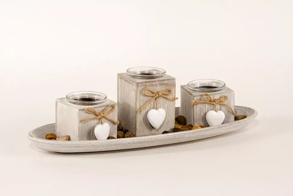 Windlicht Tablett 3er Set aus Holz – stilvolle Wohnraumdekoration