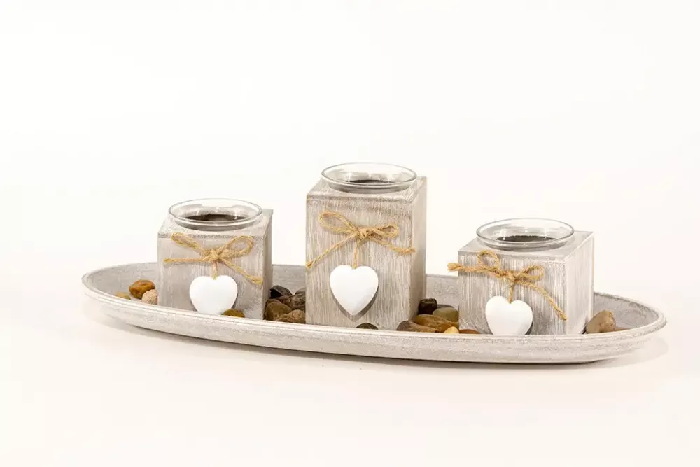 Windlicht Tablett 3er Set aus Holz – stilvolle Wohnraumdekoration