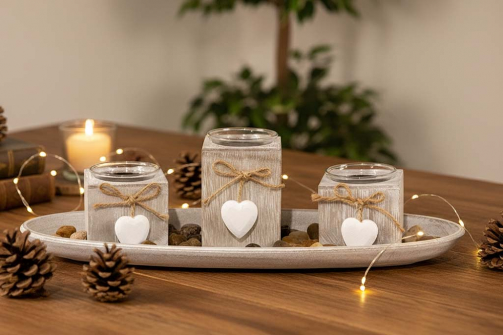 Windlicht Tablett 3er Set aus Holz – stilvolle Wohnraumdekoration