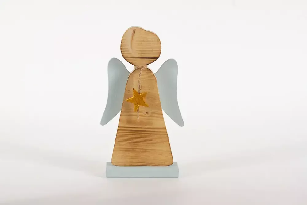 Engel aus Holz mit Fluegeln blau 26cm