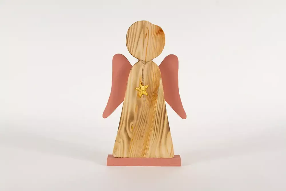 Handgefertigter Engel aus Kiefernholz mit roten Flügeln – 35 cm
