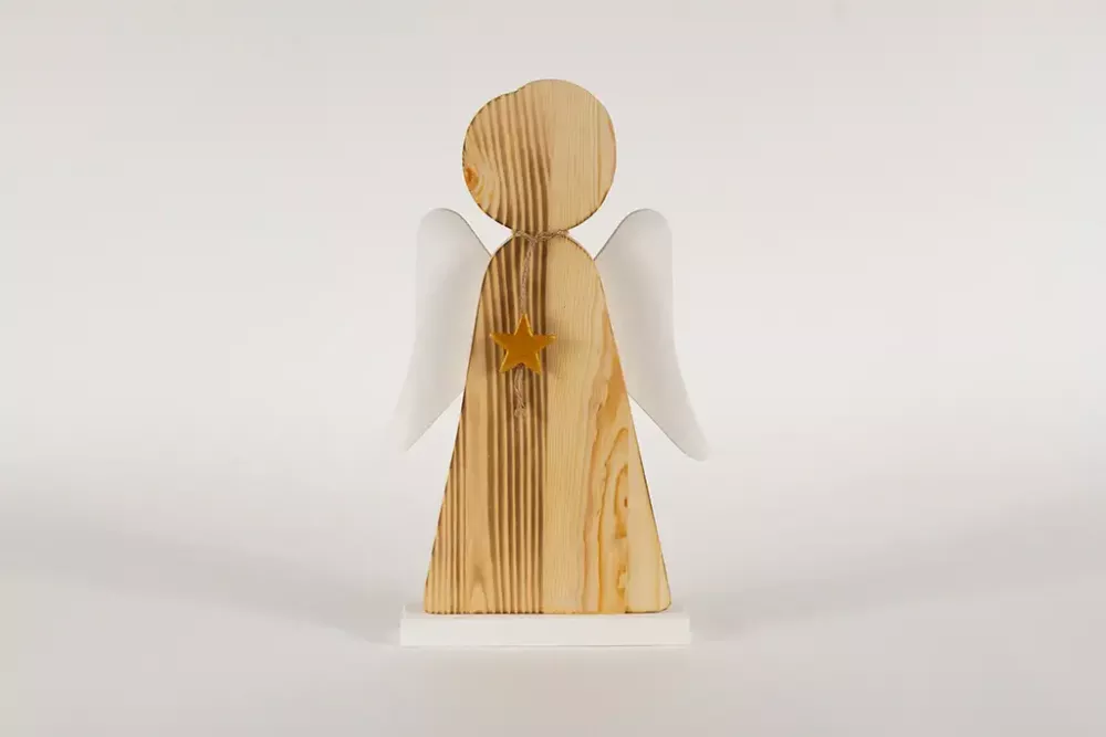 Handgefertigter Engel aus Kiefernholz mit roten Flügeln – 35 cm