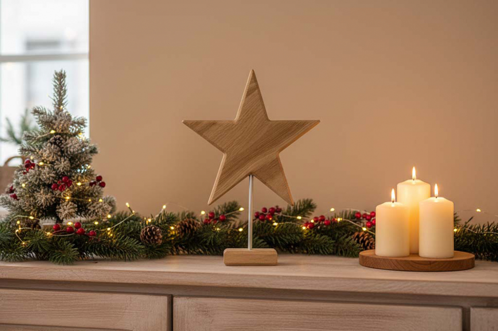 Stern aus naturbelassenem Eichenholz auf Metallstab – 26 cm hohe Weihnachtsdeko