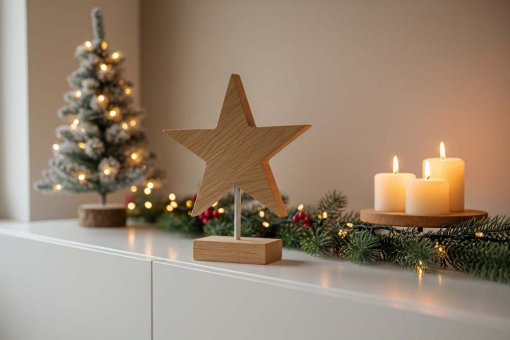 Stern aus naturbelassenem Eichenholz auf Metallstab – 17 cm hohe Weihnachtsdeko