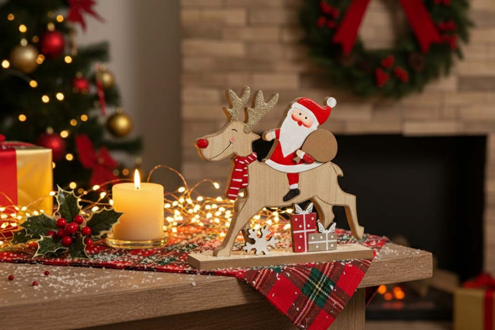 Liebevoll gestalteter Nikolaus auf Rentier – rustikale Holzfigur für Weihnachten
