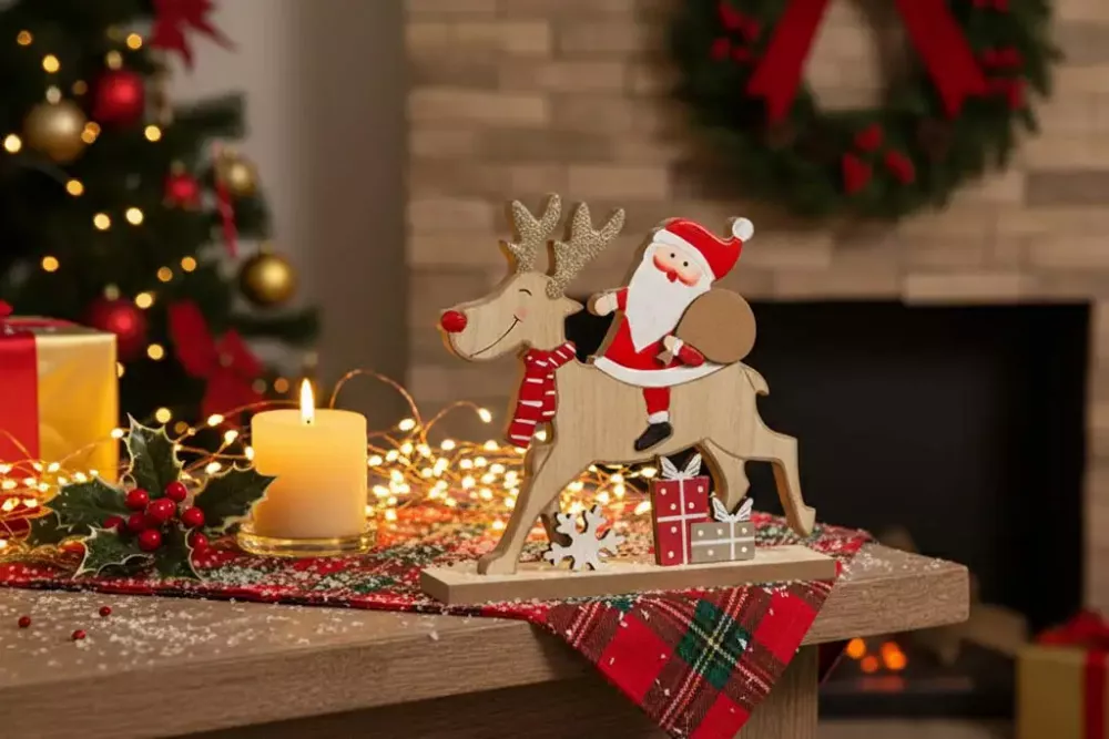 Liebevoll gestalteter Nikolaus auf Rentier – rustikale Holzfigur für Weihnachten