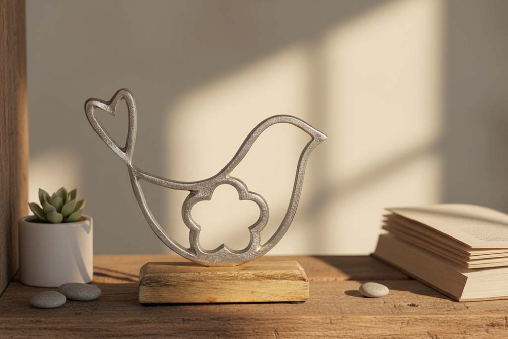 Vogel aus Metall auf Holzsockel ca. 18 cm – jetzt dekorieren & gleich im Shop bestellen!