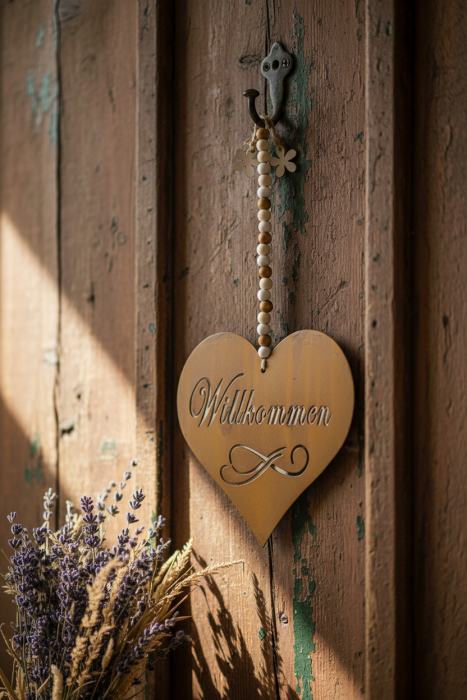 Metallhänger Herz mit Edelrost und Holzblumen für Fensterdeko