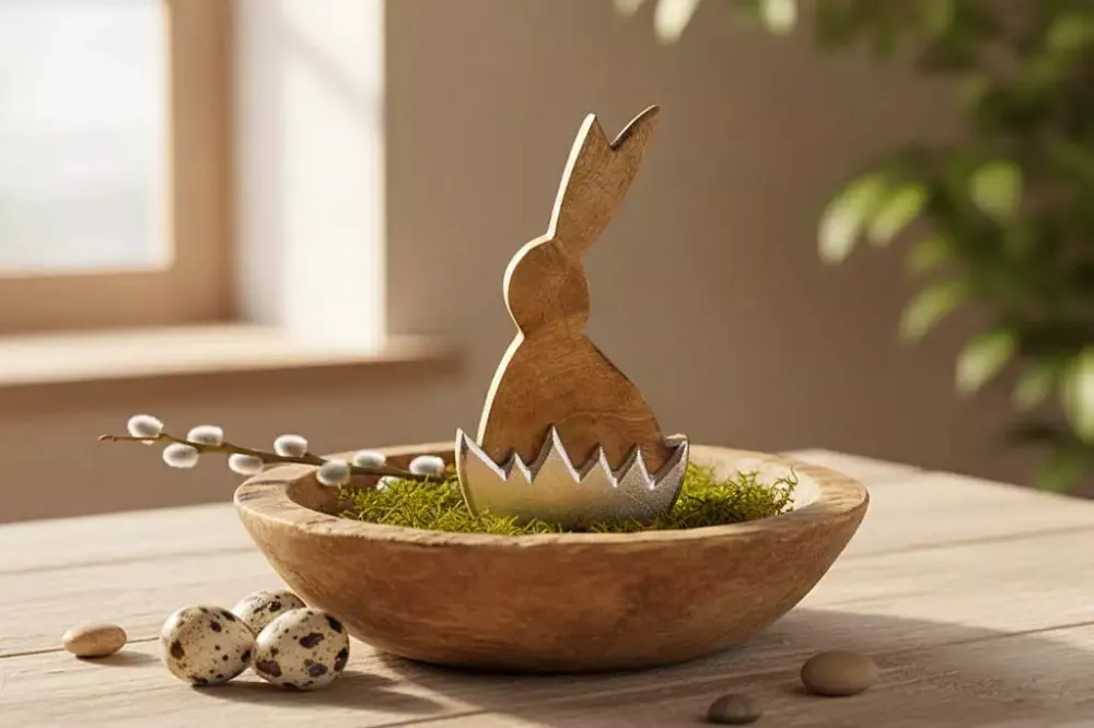 Hase aus Holz im Ei aus Metall