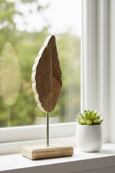 Mangoholz Blattfigur auf Holzsockel – stilvolle Tischdeko für jeden Raum. Jetzt im Shop sichern!