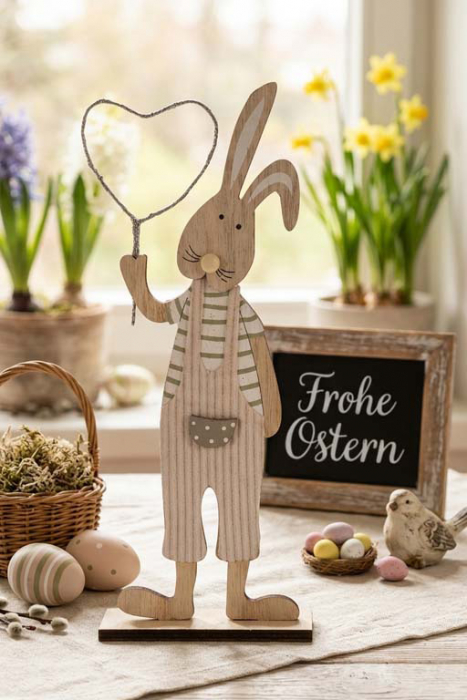 Hase aus Holz mit Herz - beige