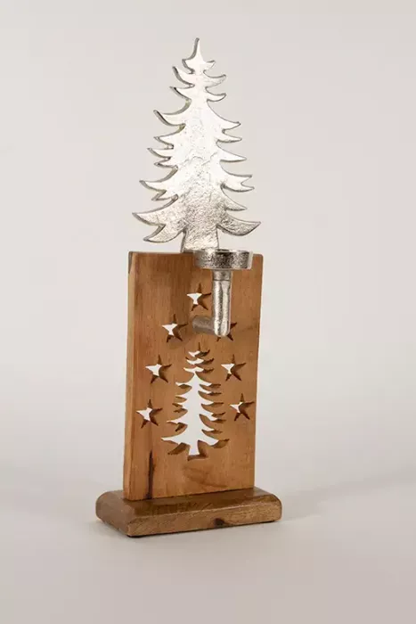 Großer Teelichthalter Tannenbaum aus Metall und Holz, 42 cm – festliche Dekoration
