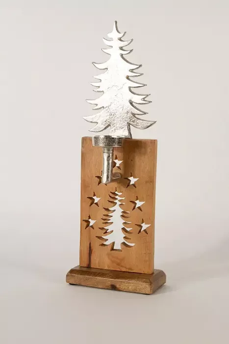 Großer Teelichthalter Tannenbaum aus Metall und Holz, 42 cm – festliche Dekoration