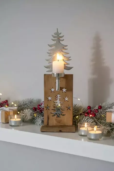 Großer Teelichthalter Tannenbaum aus Metall und Holz 42 cm – festliche Dekoration