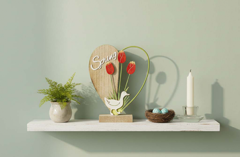 Herz mit Ente aus Holz und Metall – stilvolle Frühlingsdeko für Ihr Zuhause.