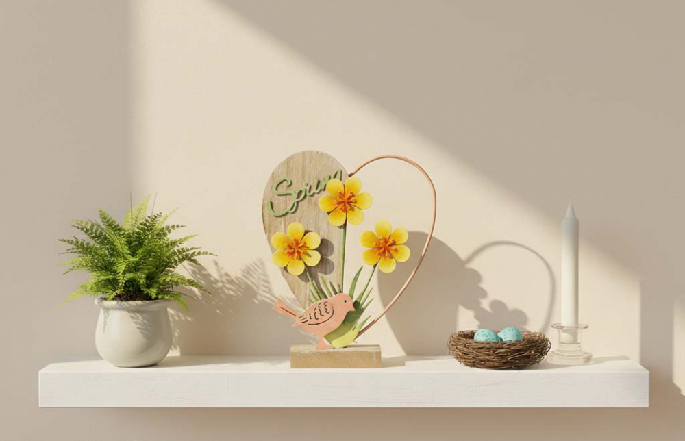 Herz mit Vogel aus Holz und Metall – stilvolle Frühlingsdeko für Ihr Zuhause.