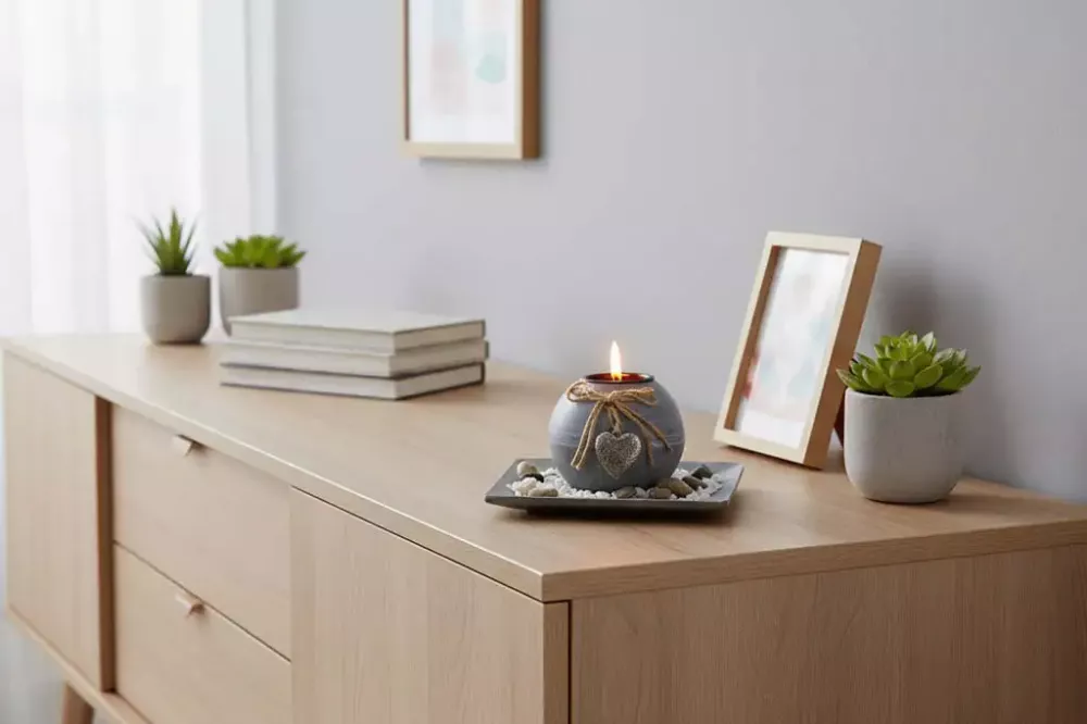 Teelichthalter aus Holz mit grauen Dekosteinen – elegante Wohnraumdekoration
