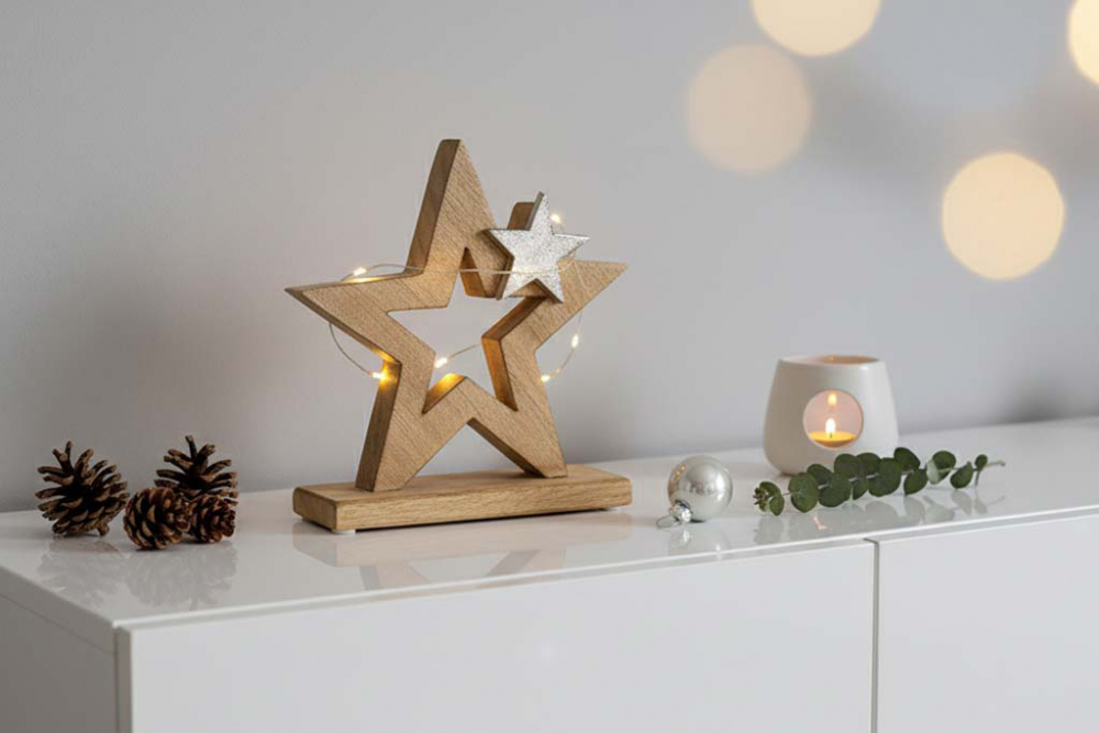Stern aus Mangoholz mit glänzendem Metallstern – stilvolle Weihnachtsdekoration