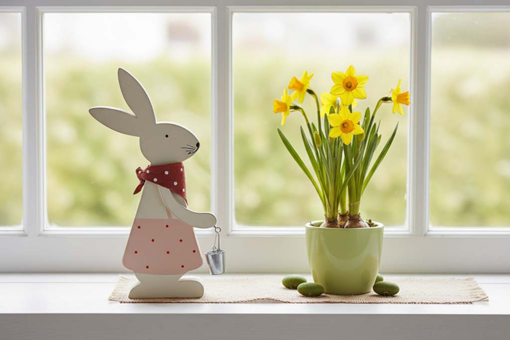 Osterhase aus Holz mit Eimer