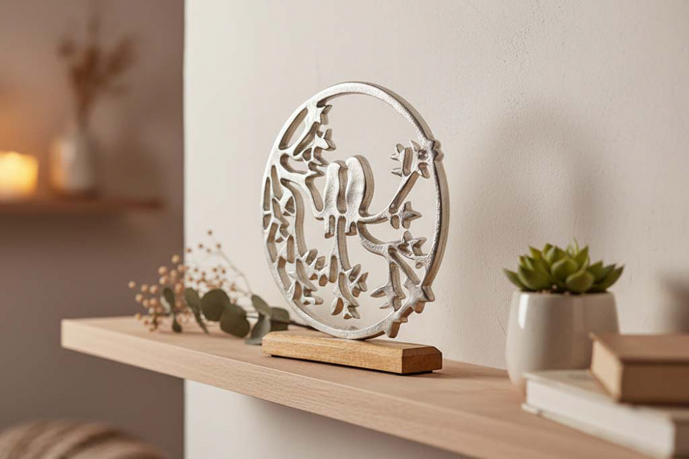 Vogelpaar auf Ast aus Metall mit Mangoholzsockel – stilvolle Frühlingsdeko für Ihr Zuhause.