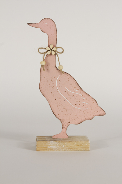 Ente aus Metall auf Holz Sockel rosa
