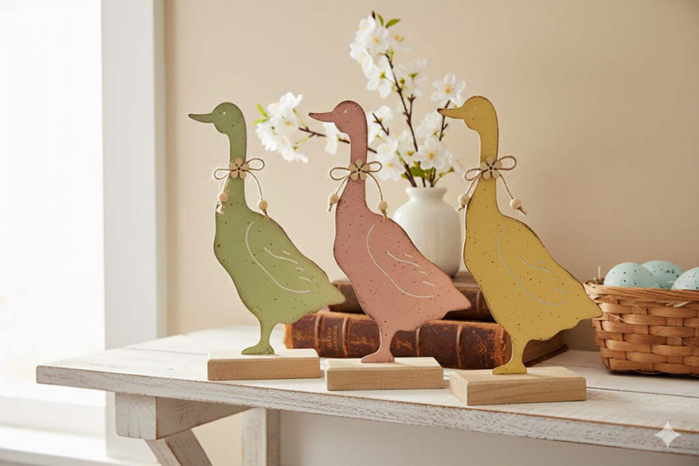 Ente aus Metall auf Holz Sockel bunt