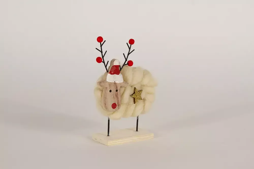 Weißer Filz Elch auf Holzbasis als stilvolle Weihnachtsdekoration