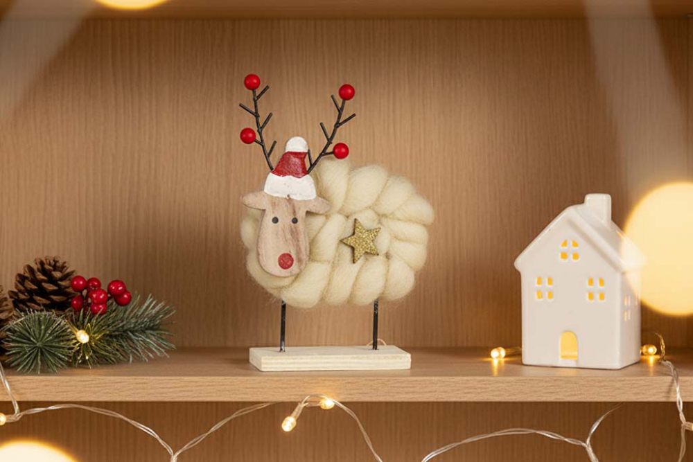 Elch aus Holz mit weißer Wollverzierung als rustikale Winterdeko