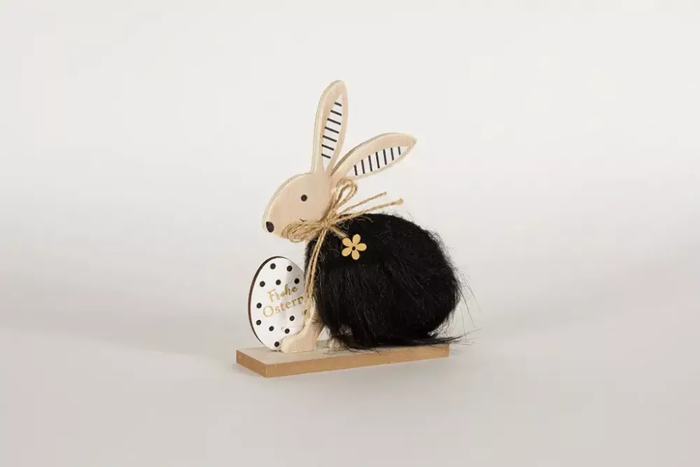 Holz Hase mit Fell und Osterei Tischdeko Ostern Fensterbank Deko