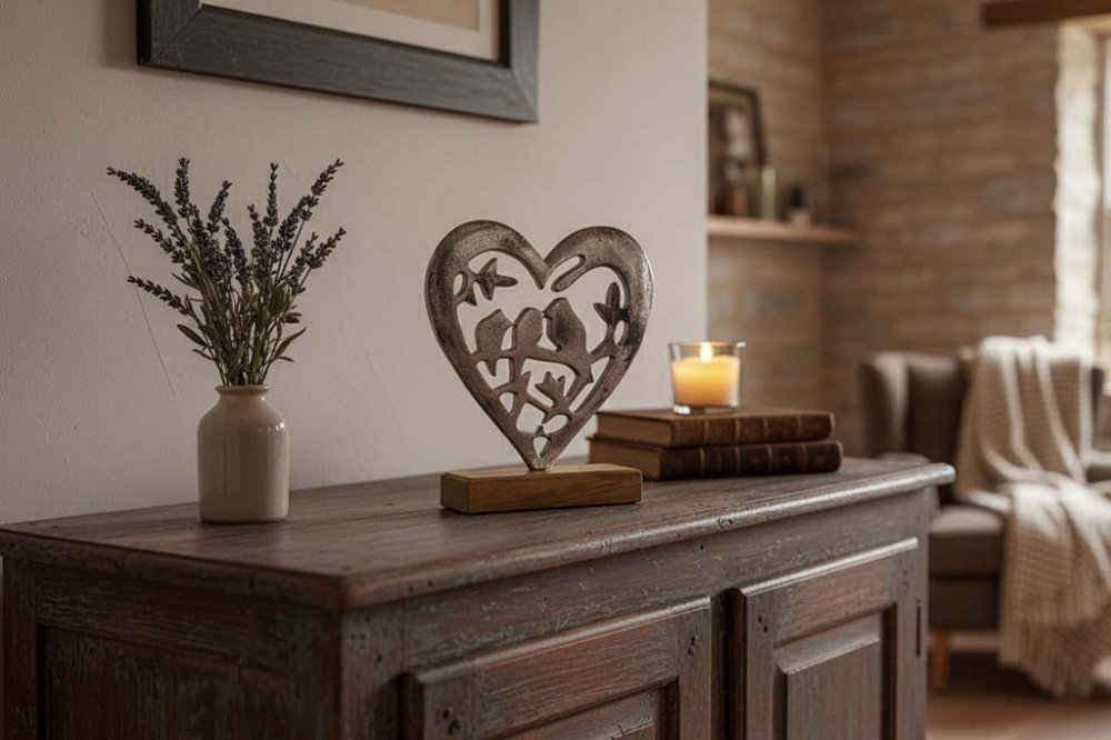 Vogel im Herz aus Metall auf Holzsockel – stilvolle Frühlingsdeko für Ihr Zuhause.