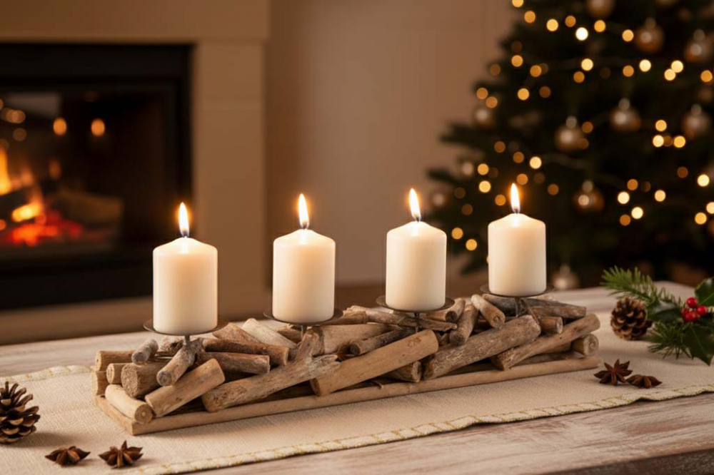 Natürlicher Kerzenhalter Adventsgesteck aus Holz als festliche Tischdeko