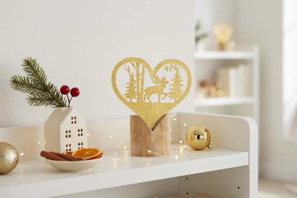 Winterwald aus goldenem Metall mit Hirschmotiv auf stabilem Holzständer – festliche Weihnachtsdekoration